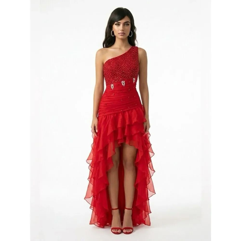 Red One-Shoulder Ruffled Gown
